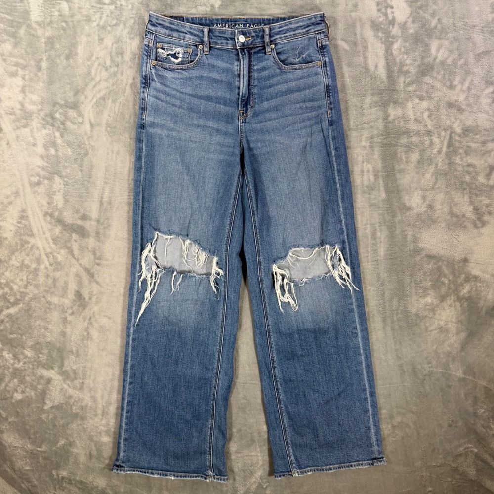 American Eagle Super High-Rise Baggy Wide Leg Jeans Womens 8 Reg Blue Distressed